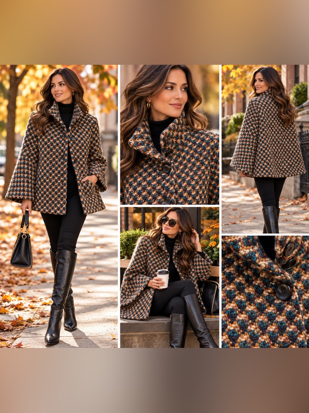 Wool-Blend Houndstooth Swing Coat - Multi-Color